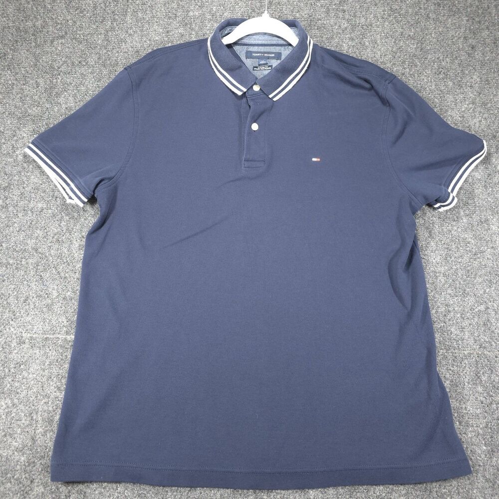 Tommy Hilfiger Men's L Navy Custom Fit Polo Shirt, Tipped Collar Sleeve, Cotton.